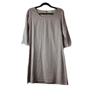 Garnet Hill Womens Shift Dress Size 4 Beige Tie Sleeve Neutral Dobby Cotton S